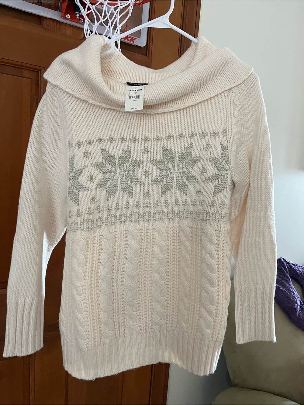 Lane Bryant Cream Cowl Neck Sweater with Gray Fair Isle